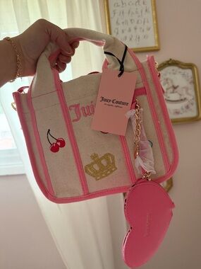Juicy Couture Pink Trim Canvas Mini Tote with Cherry & Crown Embroidery